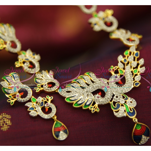 NL3916 Peacock Meenakari AD CZ Two Tone Gold Silver Exclusive Real Look Jewellery Online