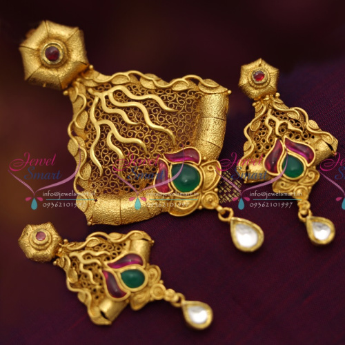 PS6811 Real Look Ruby Emerald Jadau Kundan Gold Design Pendant Set Antique Finish