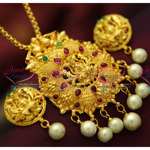 PS1258 Temple Kempu Laxmi Gold Design Red Green Pearl Drops Pendant Chain Earrings