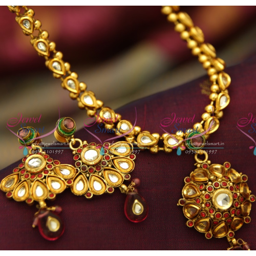 NL4018 Antique Gold Plated Handmade Multi Colour Kundan Simple Elegant Jewellery Set