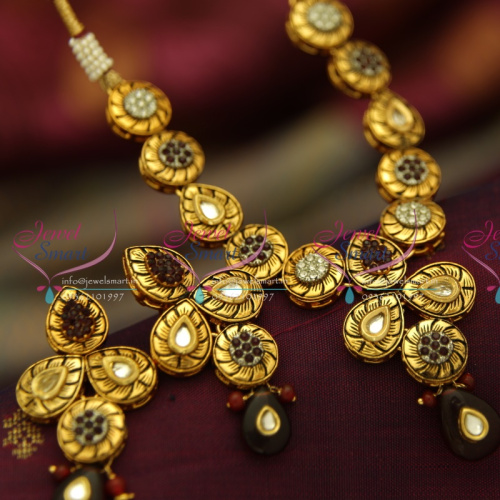NL4020 Antique Gold Plated Kundan Design Handmade Colour Simple Elegant Jewellery Set