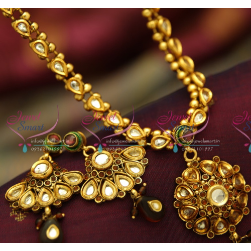 NL4031 Antique Gold Plated Handmade Multi Colour Kundan Simple Elegant Jewellery Set