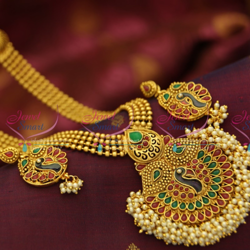 NL4038 Indian Traditional Haram Pearl Gold Imitation Artificial Jewellery Peacock Design Long Necklace