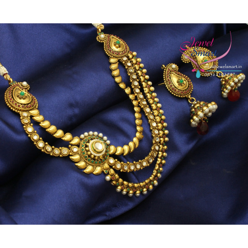 3 Lines Fancy Kundan Necklace Jhumka Earrings Mango Design