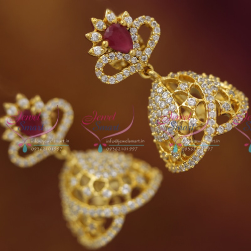 ER4060 Gold Plated Real Look Ruby White Diamond Finish Stylish Jhumka Earrings