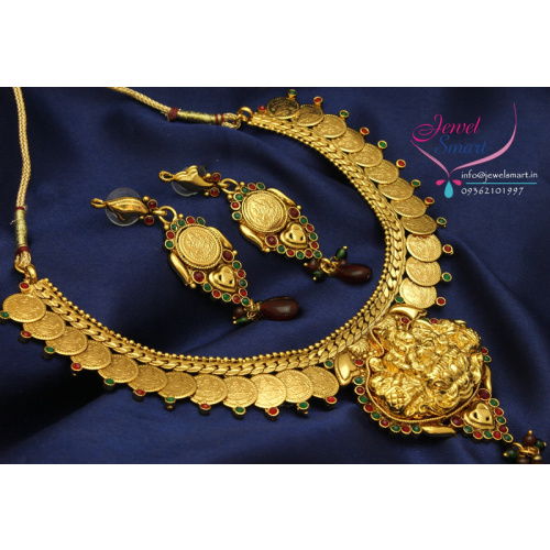 Temple Jewellery Antique Finish Necklace Set With Ear Rings Laxmi Pendant