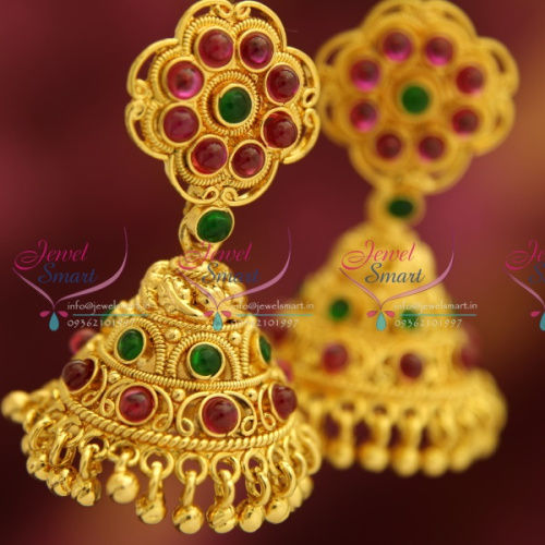 E0183 Gold Plated Kempu Temple Stones Jhumka Earrings Delicate Handmade