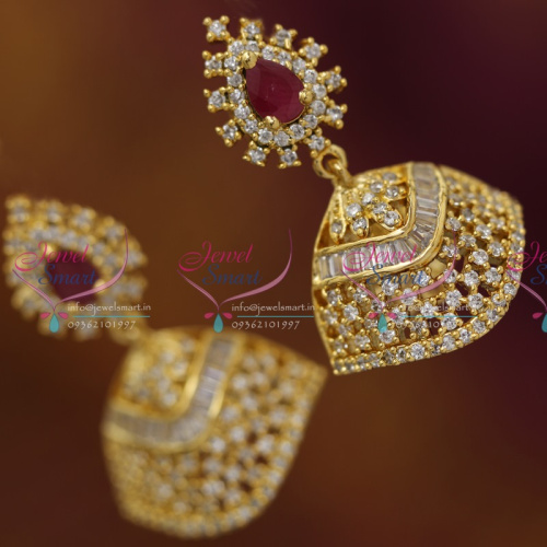 J4078 Gold Plated Real Look Ruby White Diamond Finish Stylish Jhumka Earrings