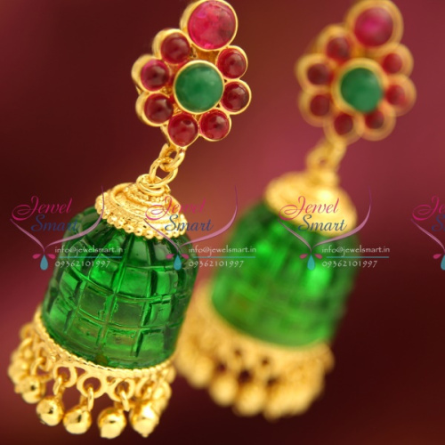 ERA8979 Temple Kempu Green Color Acrylic Drops Jhumka Gold Latest Design Imitation Online
