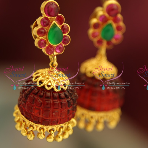 ERA8984 Temple Kempu Red Color Acrylic Drops Jhumka Gold Latest Design Imitation Online