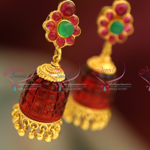 ERA8980 Temple Kempu Red Color Acrylic Drops Jhumka Gold Latest Design Imitation Online