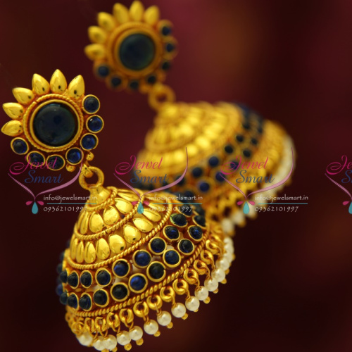 J4096 Temple Kemp Broad Blue Jhumka Pearl Hangings Latest Fashion Jewellery Online