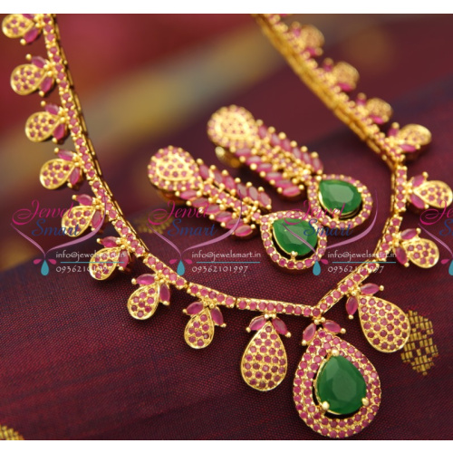 NL2397 Floral Design Ruby Emerald Traditional Necklace South Indian Long Necklace Online
