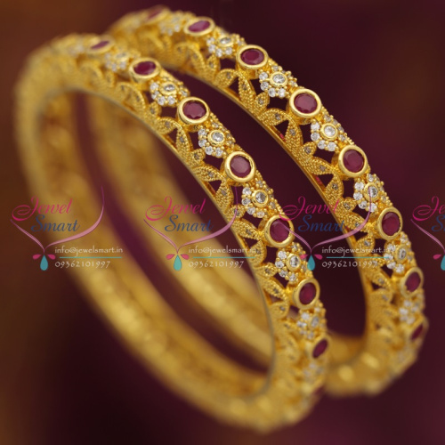 B6732 2 Pcs Ruby White Hollow Design Sparkling Gold Plated Bangles Buy Online
