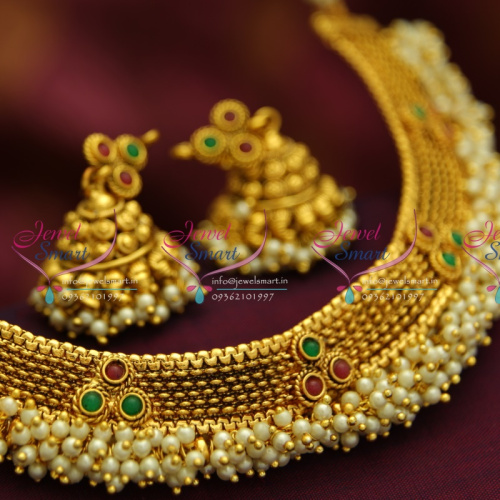 NL4192 Antique Gold Plated Fancy Trendy Pearl Necklace Jhumka Earrings
