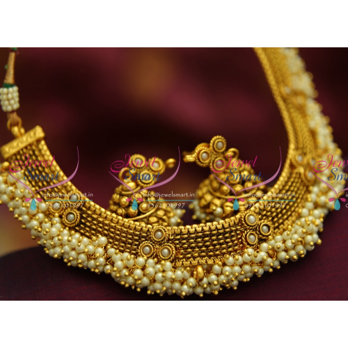NL4193 Antique Gold Plated Fancy Trendy Pearl Necklace Jhumka Earrings