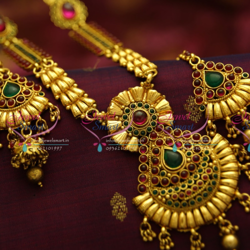 NL0690 Traditional Temple Kemp Stones Imitation Jewelry Long Necklace Earrings Tikka