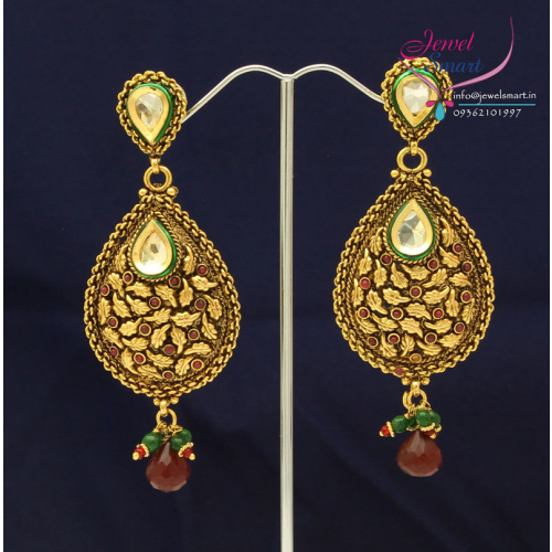 Gold Plated Antique Long Earrings Jhumka Synthetic Stones 