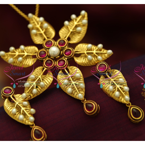 PS1830 Exclusive Antique Gold Leaf Design Handmade Real Pearl Jewellery Pendant Set Online