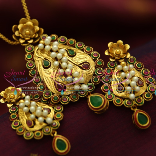 PS1825 Exclusive Antique Kempu Ruby Emerald Gold Design Handmade Real Pearl Jewellery Pendant Set Online