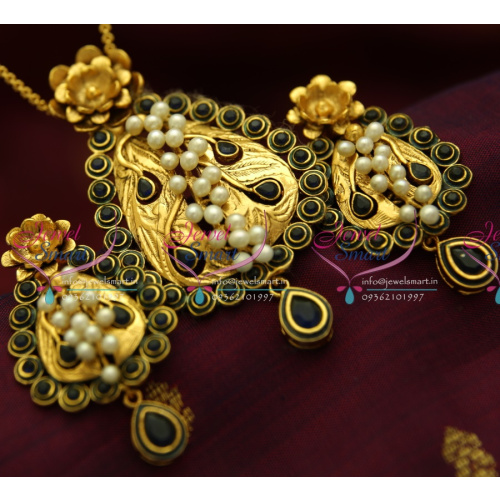 PS1827 Exclusive Antique Sapphire Gold Design Handmade Real Pearl Jewellery Pendant Set Online