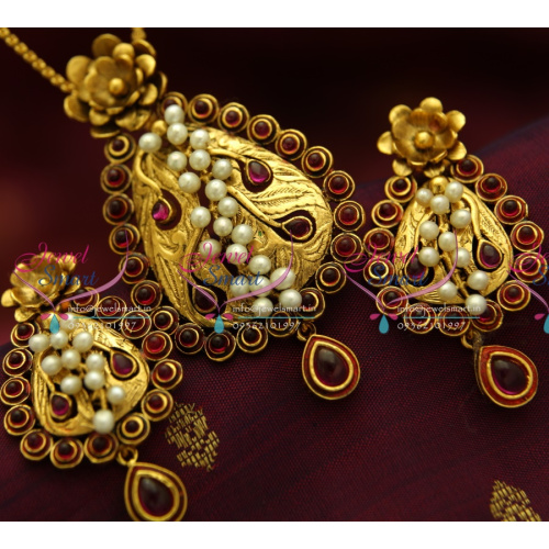 PS1826 Exclusive Antique Kempu Ruby Gold Design Handmade Real Pearl Jewellery Pendant Set Online