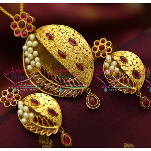 PS1822 Exclusive Antique Ruby Gold Design Handmade Real Pearl Jewellery Pendant Set Online