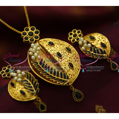 PS1824 Exclusive Antique Sapphire Gold Design Handmade Real Pearl Jewellery Pendant Set Online
