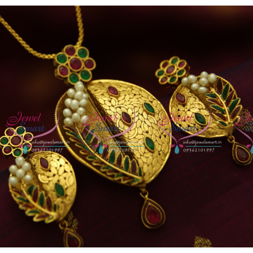 PS1823 Exclusive Antique Ruby Emerald Gold Design Handmade Real Pearl Jewellery Pendant Set Online