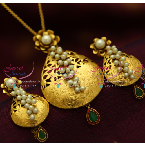 PS1832 Exclusive Antique Gold Design Handmade Real Pearl Jewellery Pendant Set Online