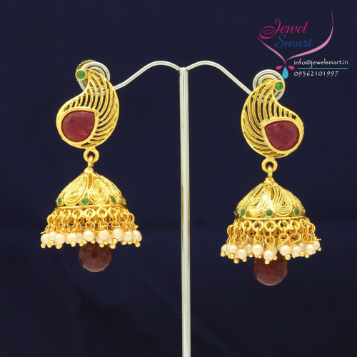 Gold Plated Antique Long Earrings Jhumka Synthetic Stones 