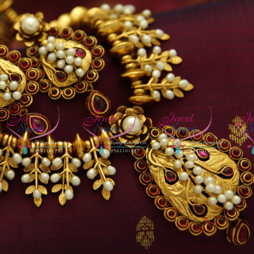 NL1839 Exclusive Gold Design Handmade Real Pearls Kempu Ruby Beaded Jewellery Necklace Online