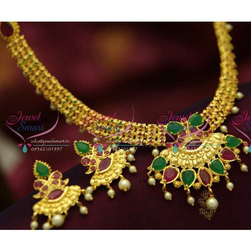 NL4331 Latest South Indian Attigai Necklace Ruby Emerald Pearl Danglers Jewellery