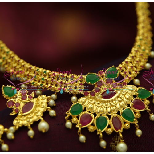 NL4331 Latest South Indian Attigai Necklace Ruby Emerald Pearl Danglers Jewellery