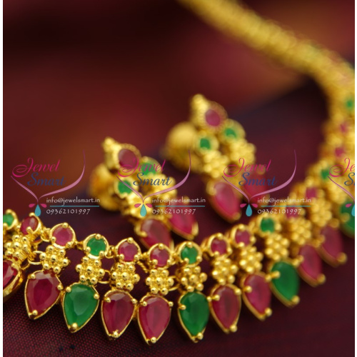 NL4343 Ruby Emerald  Short Necklace Floral Design Pear Shape Stones Online