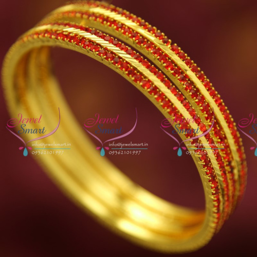 B4373B 2.8 Size 2 Pieces Party Wear Red Stones Gold Line Bangles Online