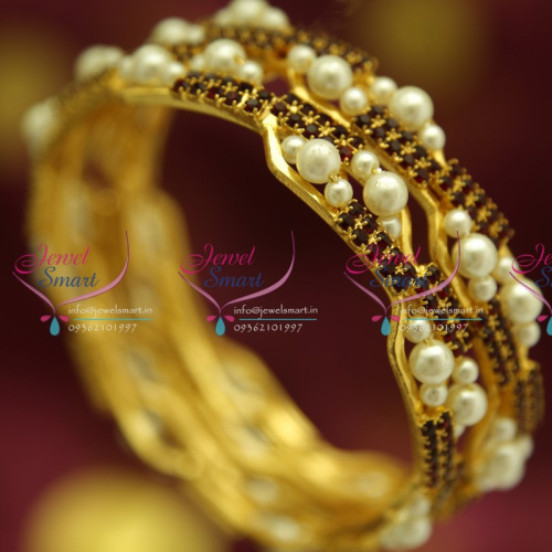 B4391S 2.4 Size 2 Pieces Party Wear White Maroon Pearl Stone Fashion Bangles Online