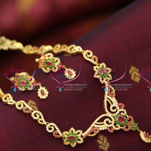 NL4428 Ruby Emerald Floral Design CZ Long Necklace South Haram Collections