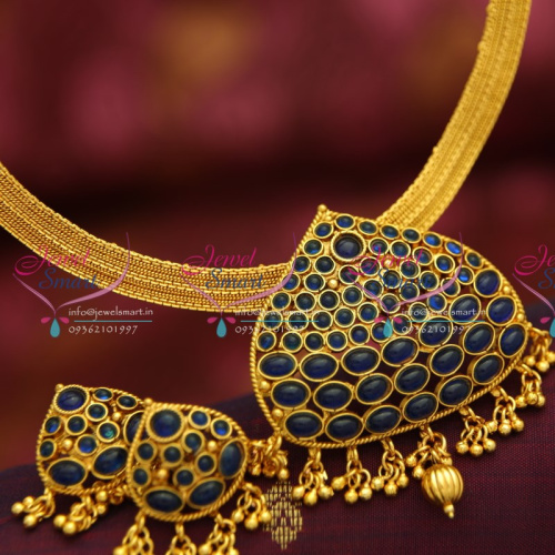 NL4457 South Indian Antique Traditional Attigai Jewellery Blue Kemp Stones