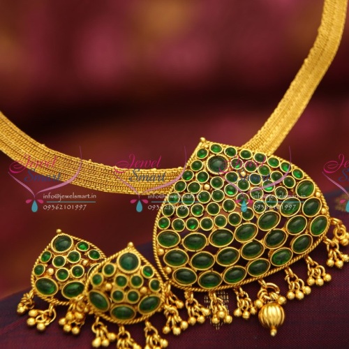 NL4458 South Indian Antique Traditional Attigai Jewellery Green Kemp Stones