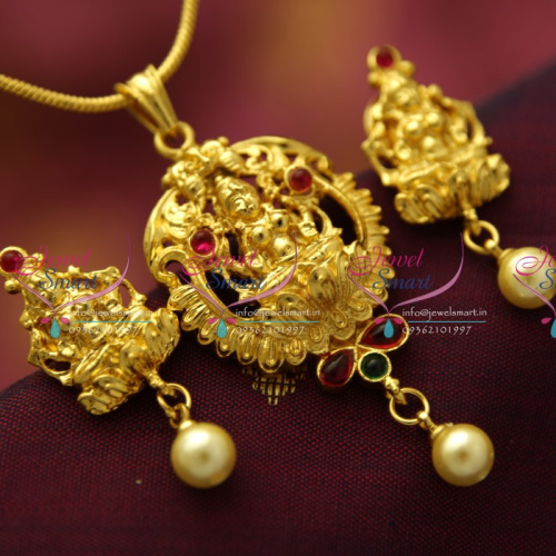 PS4559 Temple Kemp Laxmi Gold Design Red Pearl Drops Pendant  Earrings Set