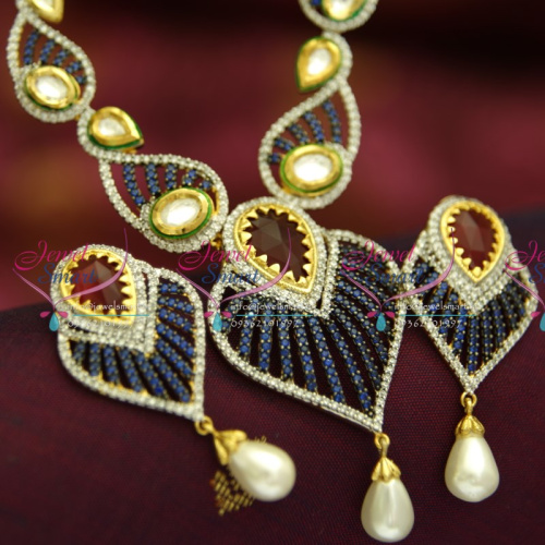 NL4562 Exclusive Sapphire Ruby CZ Kundan Pearl Gold Finish Grand Jewellery Set
