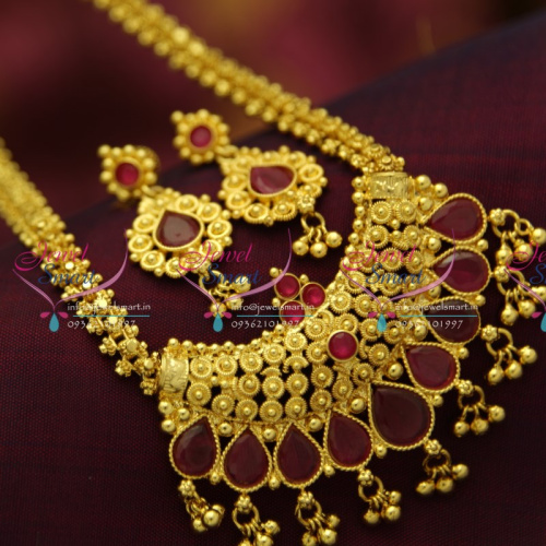 NL3389 Fancy Chain Ruby Pendant Screw Lock Earrings South Indian Fashion Jewellery Online