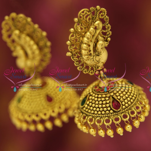 J5205 Antique Gold Plated Nagas Stylish Peacock Broad Jhumka Screwback Earrings