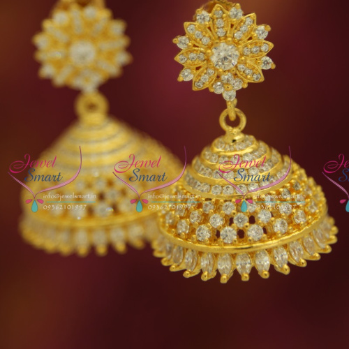 J5289 Gold Plated Real Look White Diamond Finish Indian Jhumka Earrings