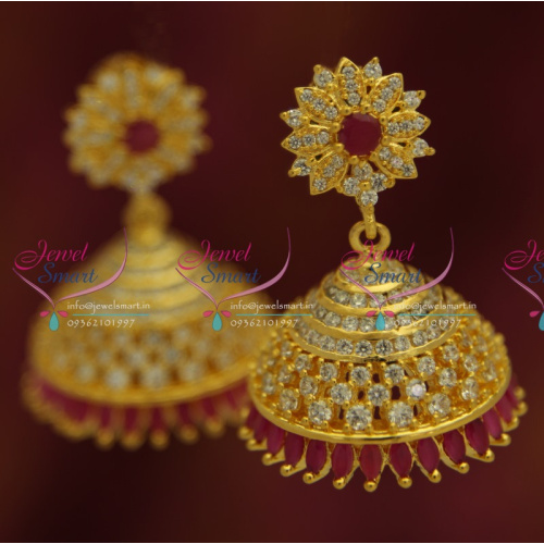 J5292 Gold Plated Real Look Ruby White Diamond Finish Indian Jhumka Earrings