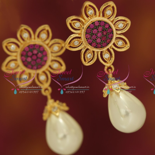 ER5407 CZ White Pink Floral Design Fashion Earrings Peal Drops Fancy Jewellery Online