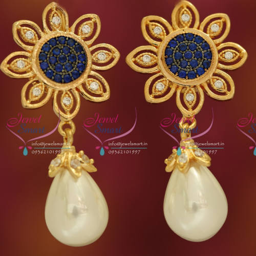 ER5416 CZ White Blue Floral Design Fashion Earrings Peal Drops Fancy Jewellery Online