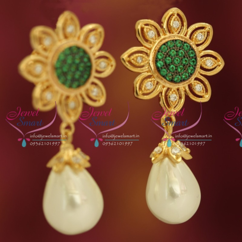 ER5419 CZ White Green Floral Design Fashion Earrings Peal Drops Fancy Jewellery Online