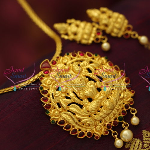 PS5577 One Gram Gold Plated Temple Laxmi Pendant Chain Screwback Earrings